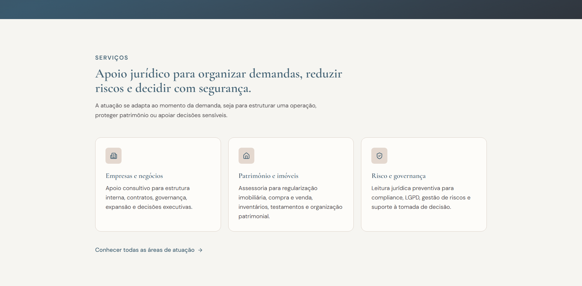 Seção de serviços do site institucional jurídico